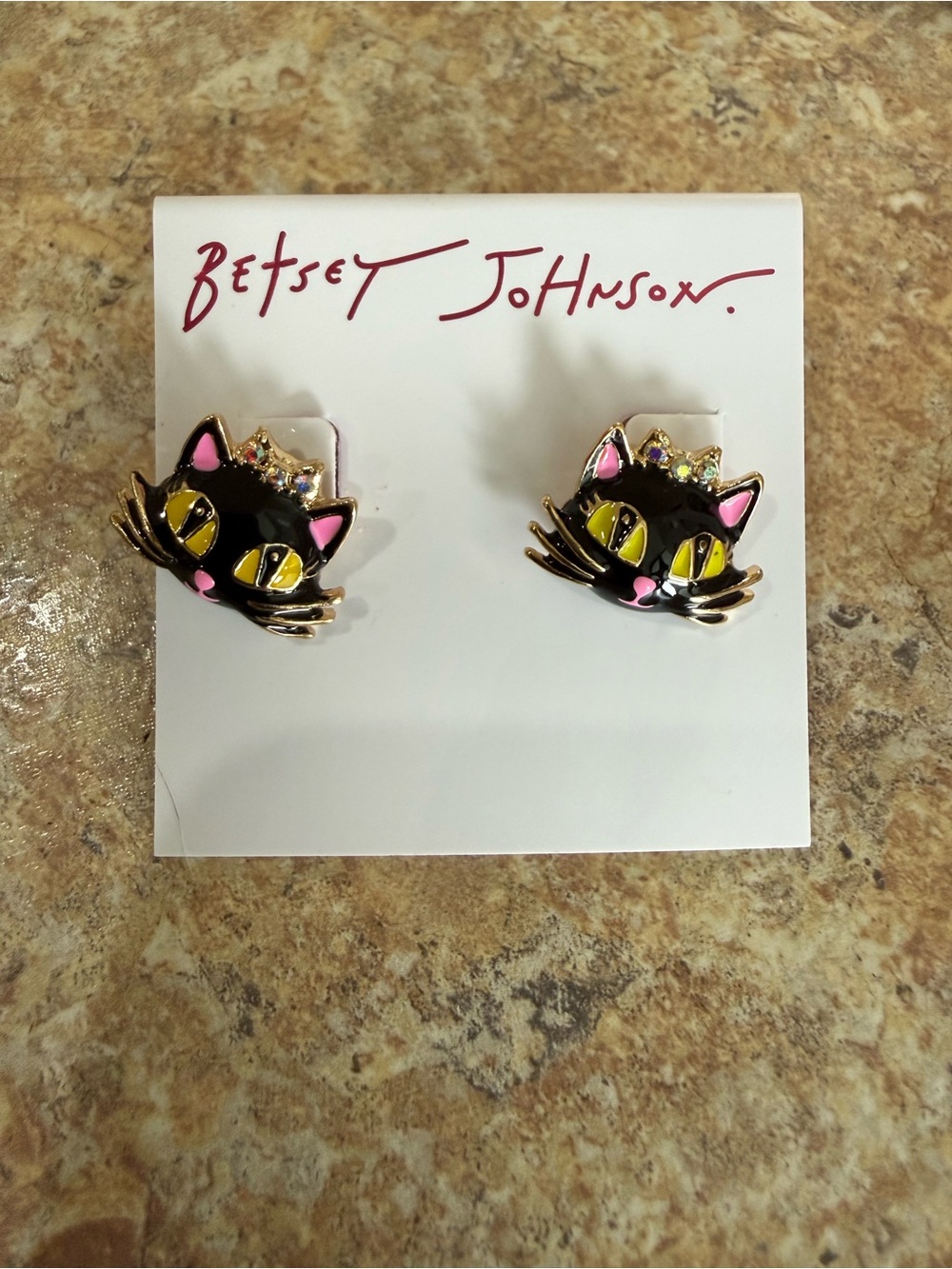 Betsey Johnson Black Cat Crown Stud Earrings with Pink & Yellow Accents